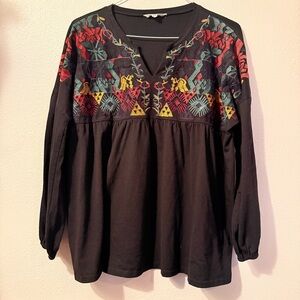 Amaryllis Black Blouse with Colorful Embroidery
